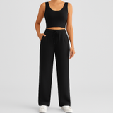 2-teiliges Sommer-Set für Damen – Ärmelloses Crop-Top und strukturierte Hose mit hoher Taille – Schwarz