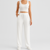 2-teiliges Sommer-Set für Damen – Ärmelloses Crop-Top und strukturierte Hose mit hoher Taille – Aprikose