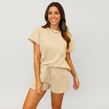 Elegantes 2-teiliges Set für Damen – Kurzarm-Crop-Top mit passenden Shorts – Aprikose