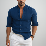 Herrenhemd mit schmaler Passform und Mandarin-Kragen – Blau