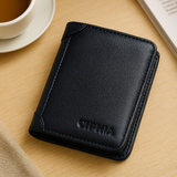 Vintage RFID Ledergeldbörse – Kurzes Bifold mit Ausweis- und Kartenhalter – Schwarz