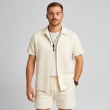 2-teiliges Jacquard-Strick-Set für Herren – Kurzarmhemd und Shorts in Unifarbe, Premium-Freizeitoutfit – Aprikose