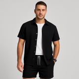 2-teiliges Jacquard-Strick-Set für Herren – Kurzarmhemd und Shorts in Unifarbe, Premium-Freizeitoutfit – Schwarz
