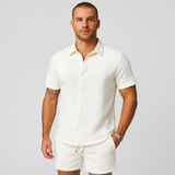 2-teiliges Jacquard-Strick-Set für Herren – Kurzarmhemd und Shorts in Unifarbe, Premium-Freizeitoutfit – Weiß