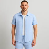 2-teiliges Jacquard-Strick-Set für Herren – Kurzarmhemd und Shorts in Unifarbe, Premium-Freizeitoutfit – Hellblau