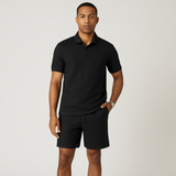 2-teiliges Jacquard-Strickset für Herren – Kurzarm-Oberteil mit Kragen und einfarbige Shorts – Schwarz