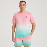 Herren Sommer Casual Set – Kurzarm Rundhalsausschnitt & Shorts mit 3D HD Digitaldruck – Pfirsich