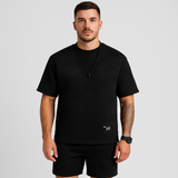 2-teiliges strukturiertes Herren-Set – Kurzarm-Oberteil mit Rundhalsausschnitt und passende Jacquard-Shorts – Weltraumschwarz