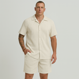 Lässiges Herren-Set – Kurzarmhemd mit Kragen und Shorts mit strukturiertem Karomuster – Aprikose