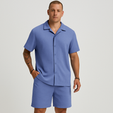 Lässiges Herren-Set – Kurzarmhemd mit Kragen und Shorts mit strukturiertem Karomuster – Blau