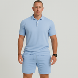 Herren Sommer Casual Set – Leichtes Oberteil mit Golfkragen und einfarbige Shorts mit Taschen – Hellblau