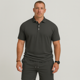 Herren Sommer Casual Set – Leichtes Oberteil mit Golfkragen und einfarbige Shorts mit Taschen – Bleifarbe