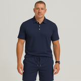 Herren Sommer Casual Set – Leichtes Oberteil mit Golfkragen und einfarbige Shorts mit Taschen – Marineblau