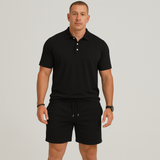 Herren Sommer Casual Set – Leichtes Oberteil mit Golfkragen und einfarbige Shorts mit Taschen – Schwarz