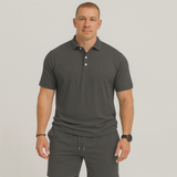 Herren Sommer Casual Set – Leichtes Oberteil mit Golfkragen und einfarbige Shorts mit Taschen – Dunkelgrau