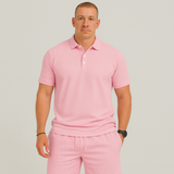 Herren Sommer Casual Set – Leichtes Oberteil mit Golfkragen und einfarbige Shorts mit Taschen – Rosa