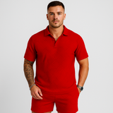 Herren Sommer Casual Set – Kurzarm-Poloshirt & passende Shorts – Rot