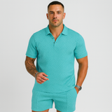 Herren Sommer Casual Set – Kurzarm-Poloshirt & passende Shorts – Cyan