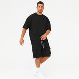 Herren-Sportbekleidungsset – Atmungsaktives Polyester-Rundhals-T-Shirt & Shorts mit Kordelzug und Taschen – Schwarz