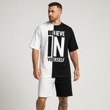 Herren-Motivationsset mit Farbblock-Print – „Glaub an dich selbst“ T-Shirt & passende Shorts – Weiß