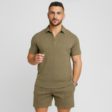 Herren Sommer Casual Set – Kurzarm-Poloshirt & passende Shorts – Olivgrün