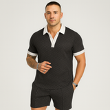 Herren Sommer Casual Set – Kurzarm-Poloshirt & passende Shorts – Weltraumschwarz