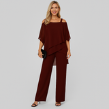 Damen-Zweiteiler – Eleganter Jumpsuit mit schulterfreier Bluse – Rotwein