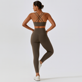 Nahtloses Yoga- und Pilates-Set für Damen – Leggings und Top mit hoher Taille, 2-teilige Activewear – Braunes Set