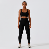 Nahtloses Yoga- und Pilates-Set für Damen – Sport-BH, Shorts mit hoher Taille und Leggings – Schwarz