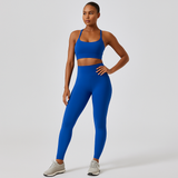 Nahtloses Yoga- und Pilates-Set für Damen – Sport-BH, Shorts mit hoher Taille und Leggings – Blau