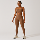 Nahtloses Yoga- und Pilates-Set für Damen – Sport-BH, Shorts mit hoher Taille und Leggings – Braun