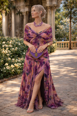 Nadeesha - Langes Blumen Kleid Mit V-Ausschnitt – Violett