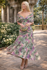 Nadeesha - Langes Blumen Kleid Mit V-Ausschnitt – Grün-Violett