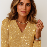 Damenbluse | V-Ausschnitt Langarm Normale Passform Glitzerelement – Gold