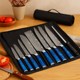 Kasian | 8-teiliges Edelstahl-Messerset mit Tragetasche – Blau