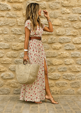 Justine | Lange Boho-Robe mit Gürtel – Mehrfarbig