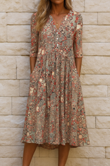 Eliskaa – Elegantes Blumen Kleid Mit V-Ausschnitt – Orange