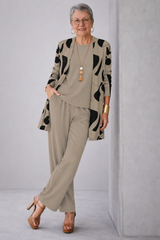 Sheila | Elegantes 3-teiliges Casual-Set – Taupe mit schwarzem Druck