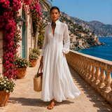 Lina | Minimalistisches Maxi-Kleid mit Mao-Kragen – Weiß