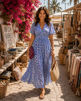 Élina | Lange fließende Blumenrobe – Blau