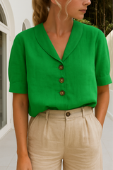 Leinenbluse mit kurzem Ärmel und Knopfleiste für Damen – Grün