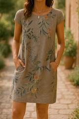 Frankie – Elegantes Leinen Kleid Mit Blattmuster – Braun