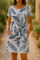 Frankie – Elegantes Leinen Kleid Mit Blattmuster – Weiß 1