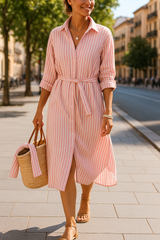 Reenata – Gestreiftes Kleid Mit Kragen – Rosa