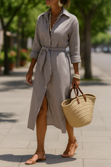 Reenata – Gestreiftes Kleid Mit Kragen – Grau