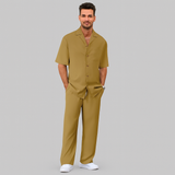 Herren-Trainingsanzug mit Streifenmuster und kurzen Ärmeln – Oberteil mit Knopfkragen und Hose mit elastischem Bund – Khaki