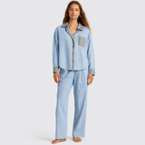 Marcelline | Set aus kariertem Langarmhemd und Hose mit weitem Bein – Blau