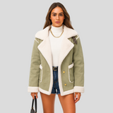 Isabella | Plüschige Winterjacke mit Knopfverschluss und Revers – Matcha