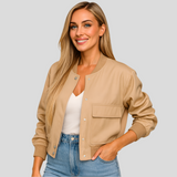 Kurzer Pilotenblouson für Damen – Klappentaschen und Druckknopfverschluss – Beige