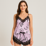 Schickes Spitzen-Pyjama-Set für Damen – Stilvoller Buchstabendruck mit Schleifendetail für gemütliche Nächte – Hellviolett